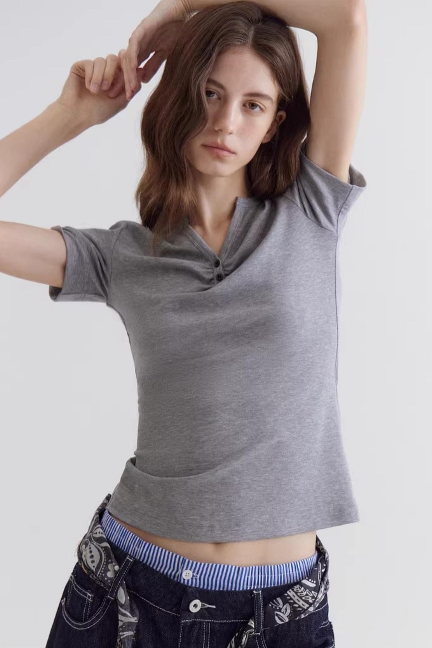 Gray V-Neck Waist-Cinching Top
