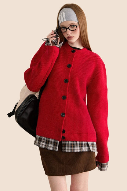 Vintage Red Patchwork Knitted Cardigan