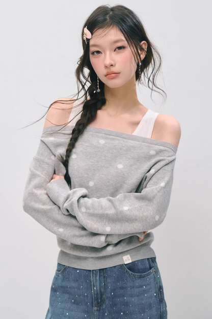One-Shoulder Polka Dot Sweater