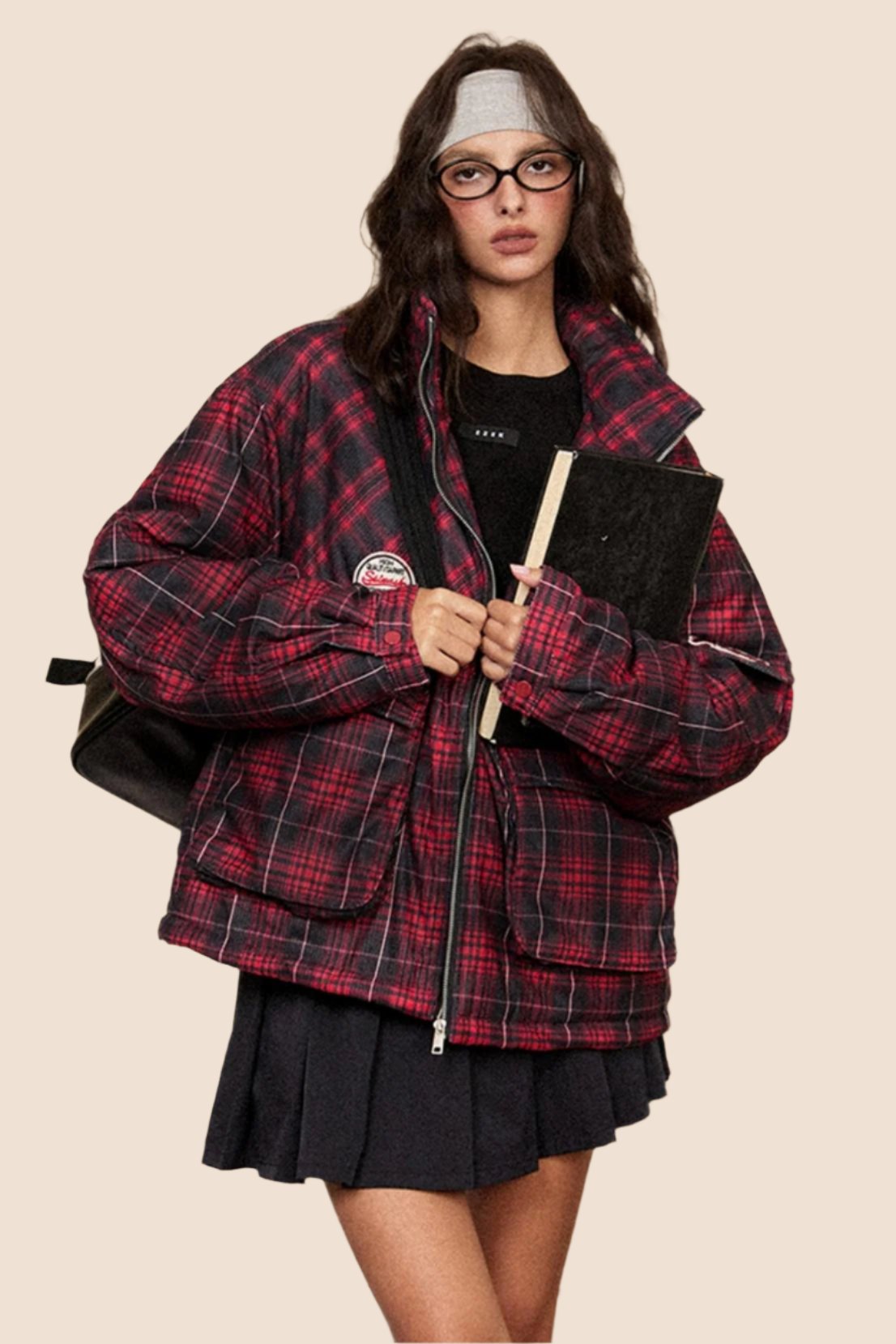 EZEK American Retro Stand Collar Red Plaid Cotton Jacket Baumwolljacke Women's Loose Lazy Thickened Cotton Jacket Breadwear Jacket