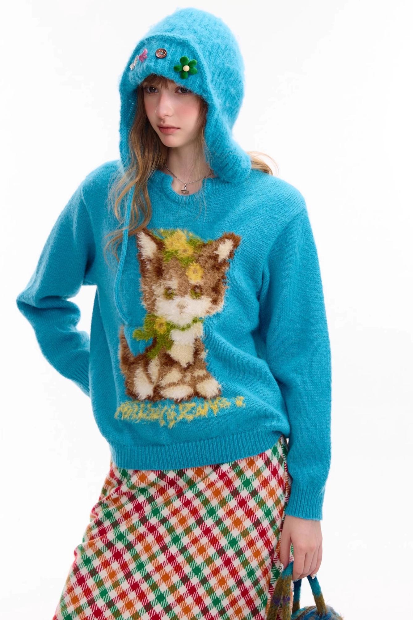 Cat Pattern Blue U Neck Sweater