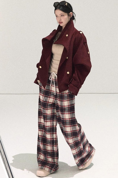 Pure Cotton Plaid Wide-Leg Pants