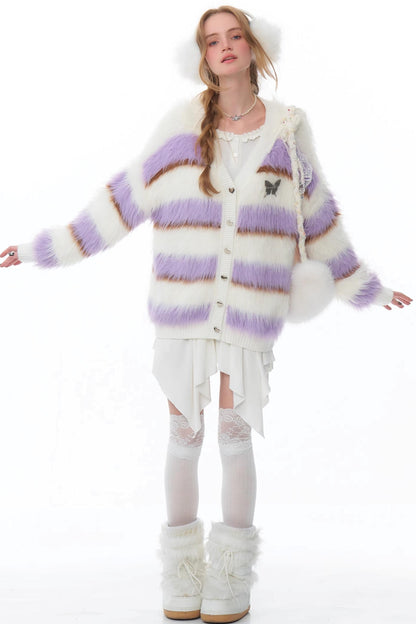 Purple and White Striped Knitted Cardigan