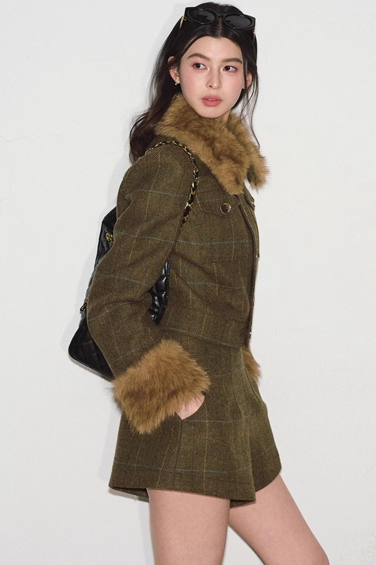 Plaid Fur Collar Jacket Set-Up