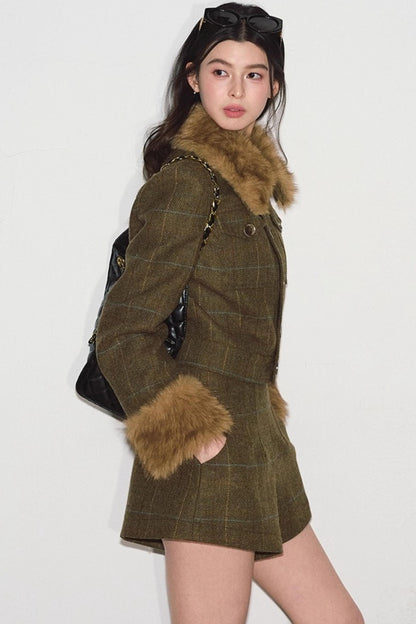 Plaid Fur Collar Jacket Set-Up