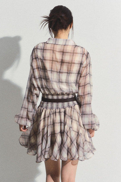 Recoin Sheer Plaid Ruffle A-Line Dress