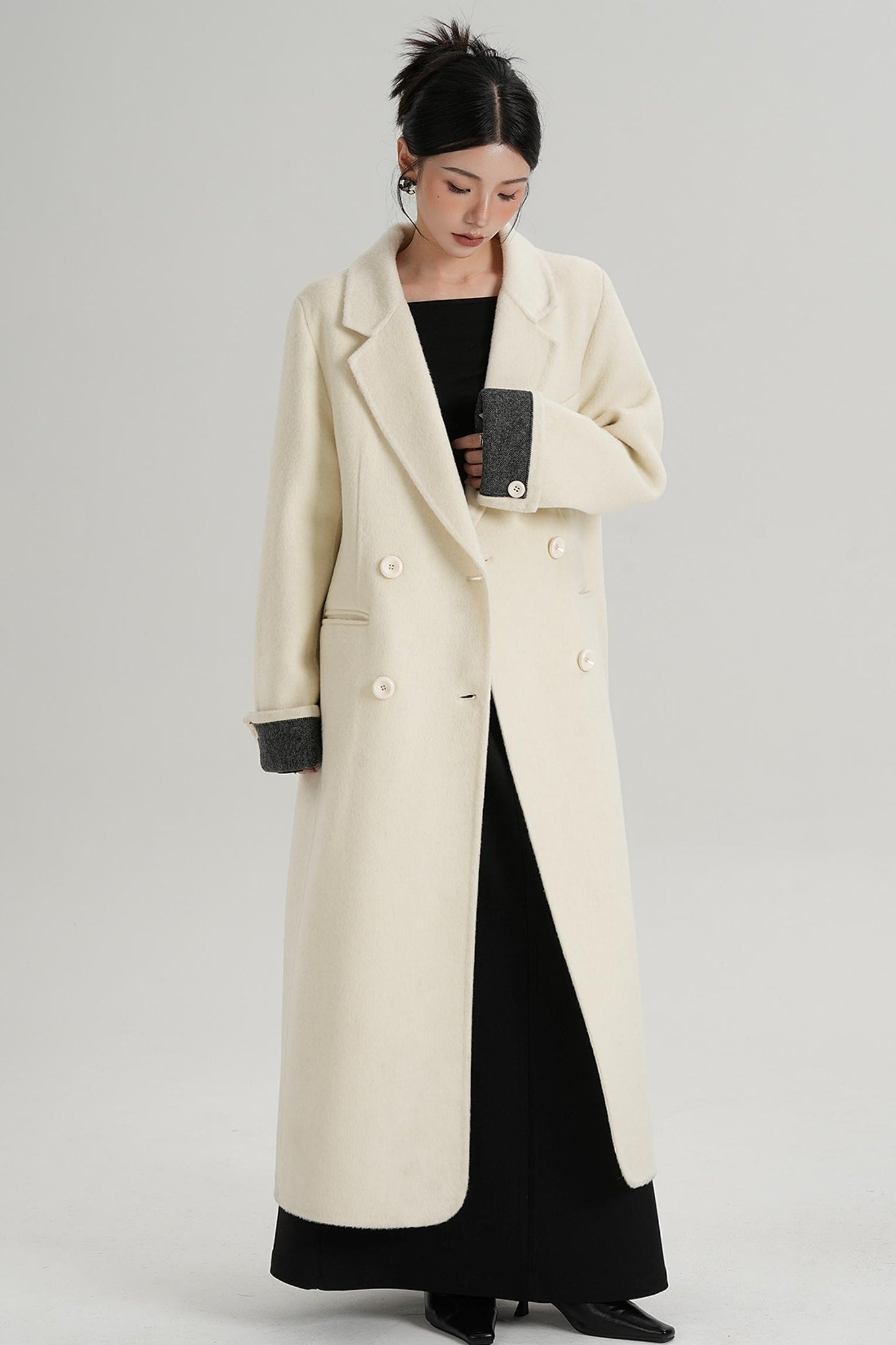 Turn-Sleeve Suit Collar Long Wool Coat