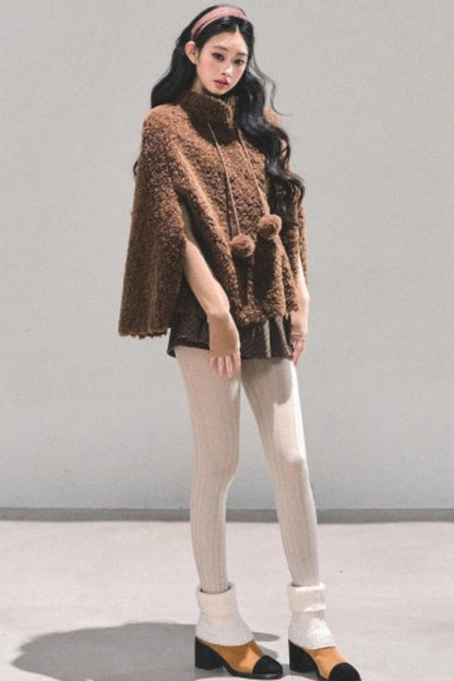 Korean-Style Lamb Wool Cape Coat