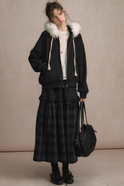Retro Plaid High-Waisted Long Skirt