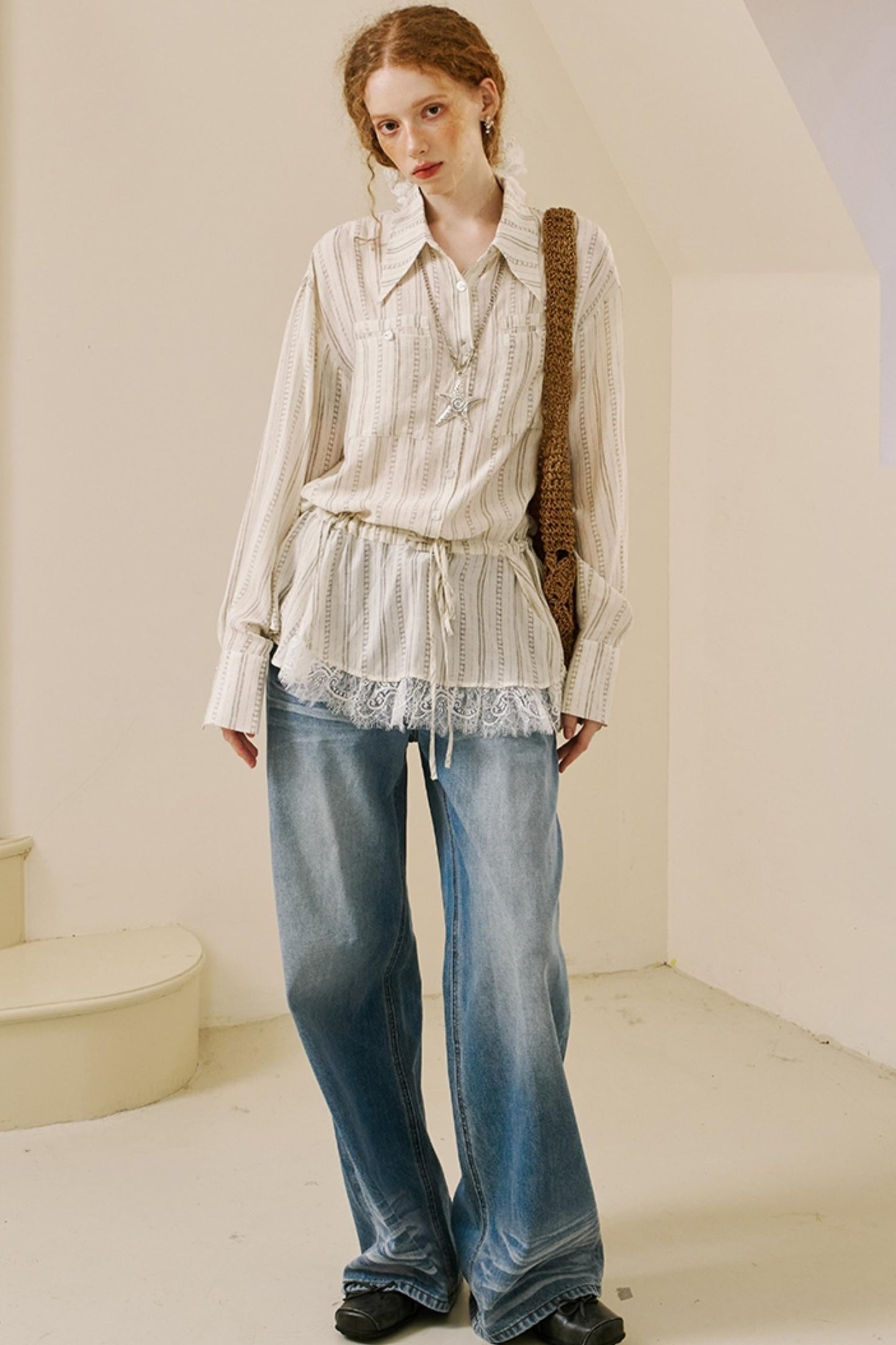 Vintage Lace-Trimmed Drawstring Shirt