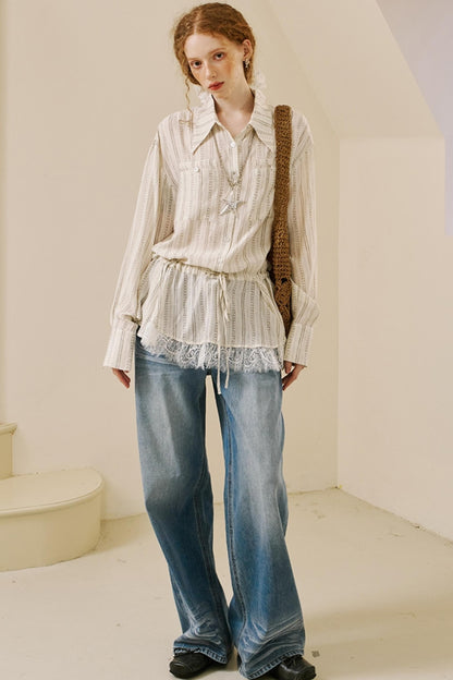 Vintage Lace-Trimmed Drawstring Shirt