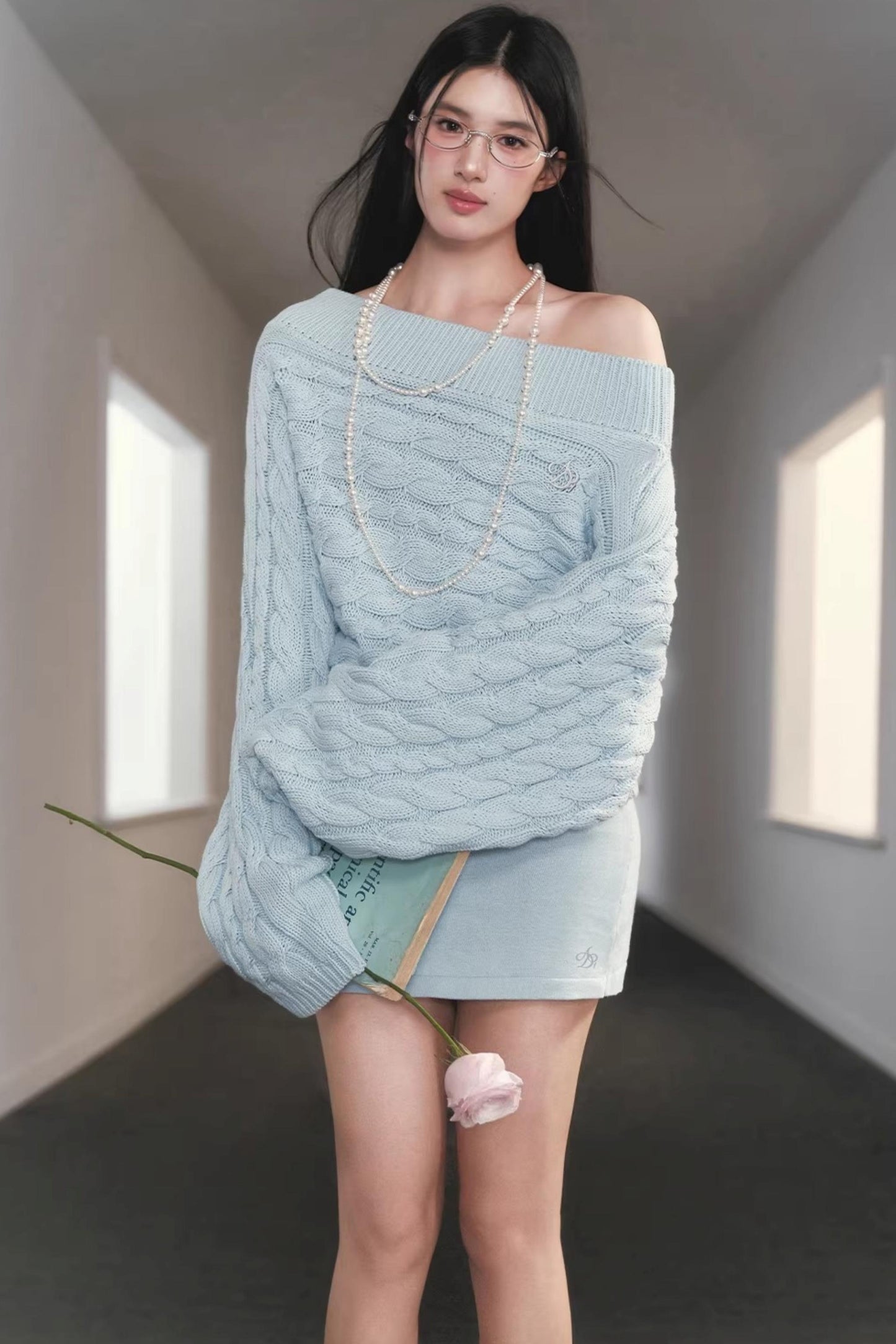 Slanted Shoulder Knit Sweater Set-Up
