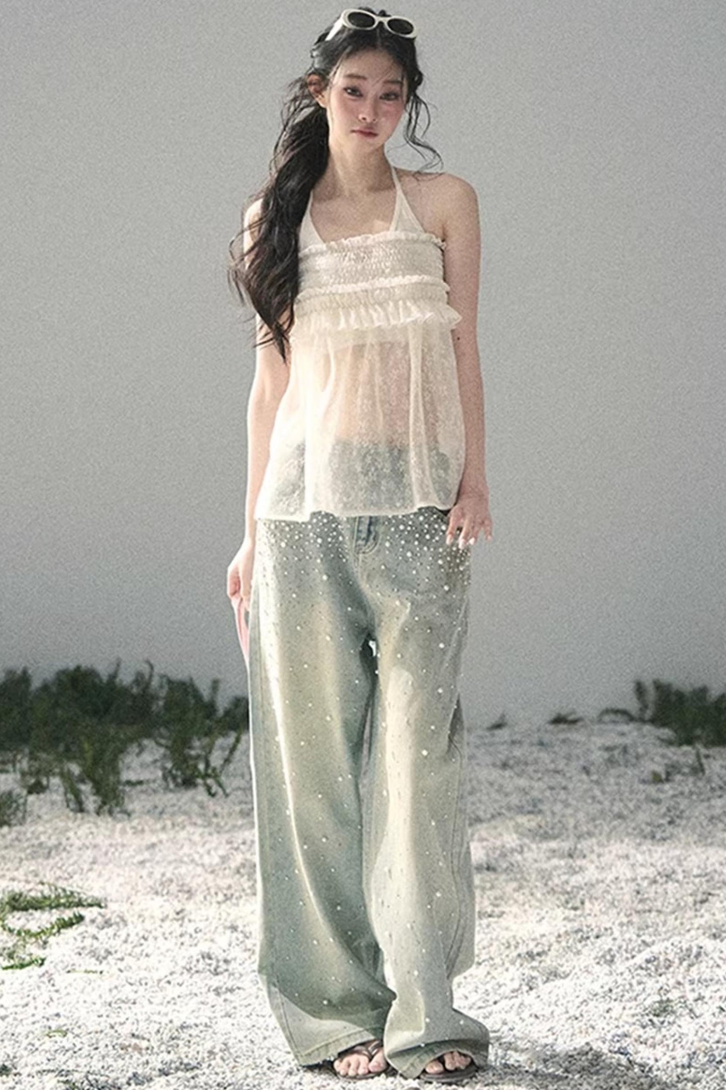 Sheer Lace Floral Top Set