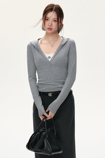 후드 긴팔 슬림핏 셔츠 