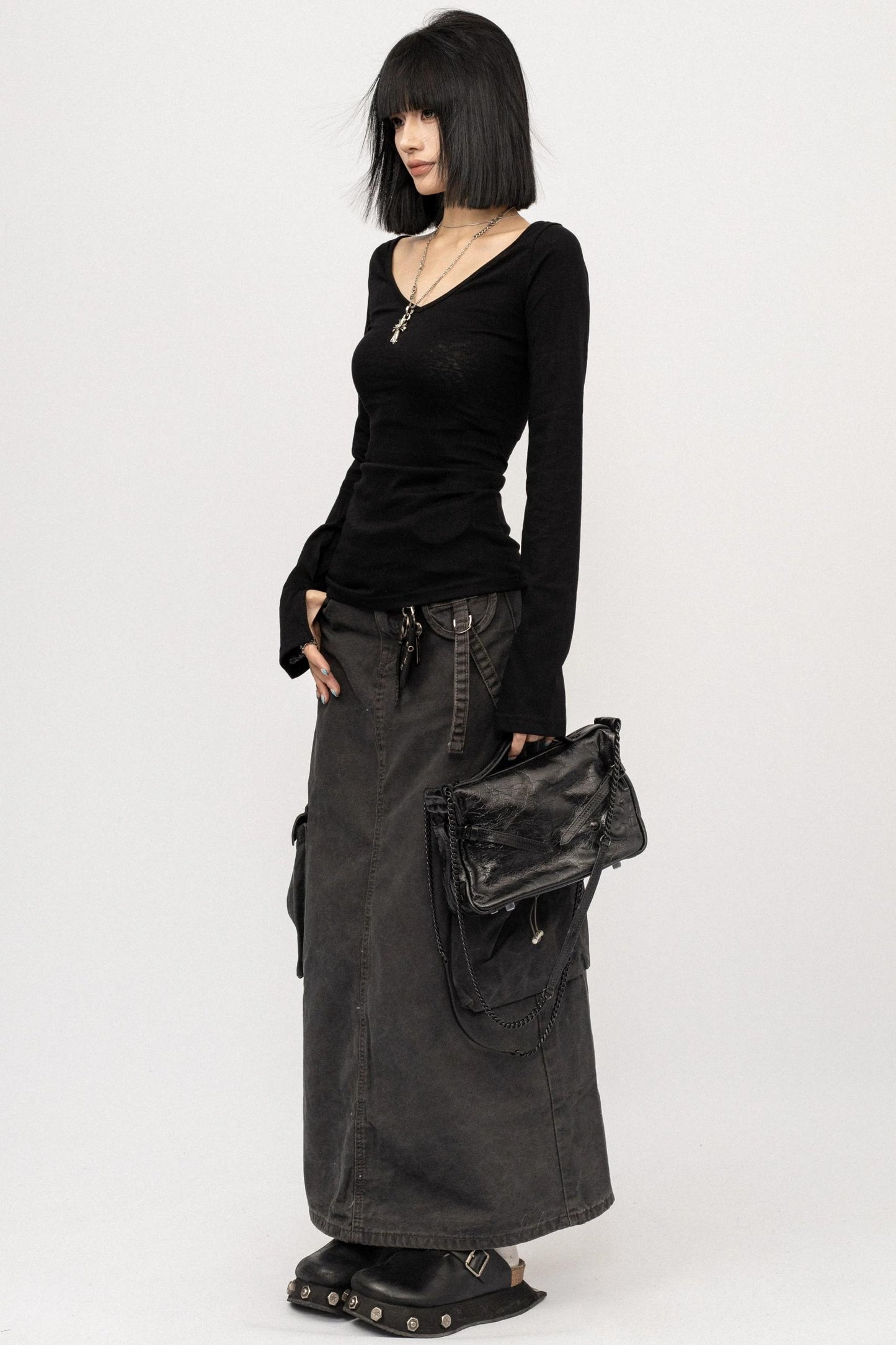 Autumn V-Neck Slim Black Top