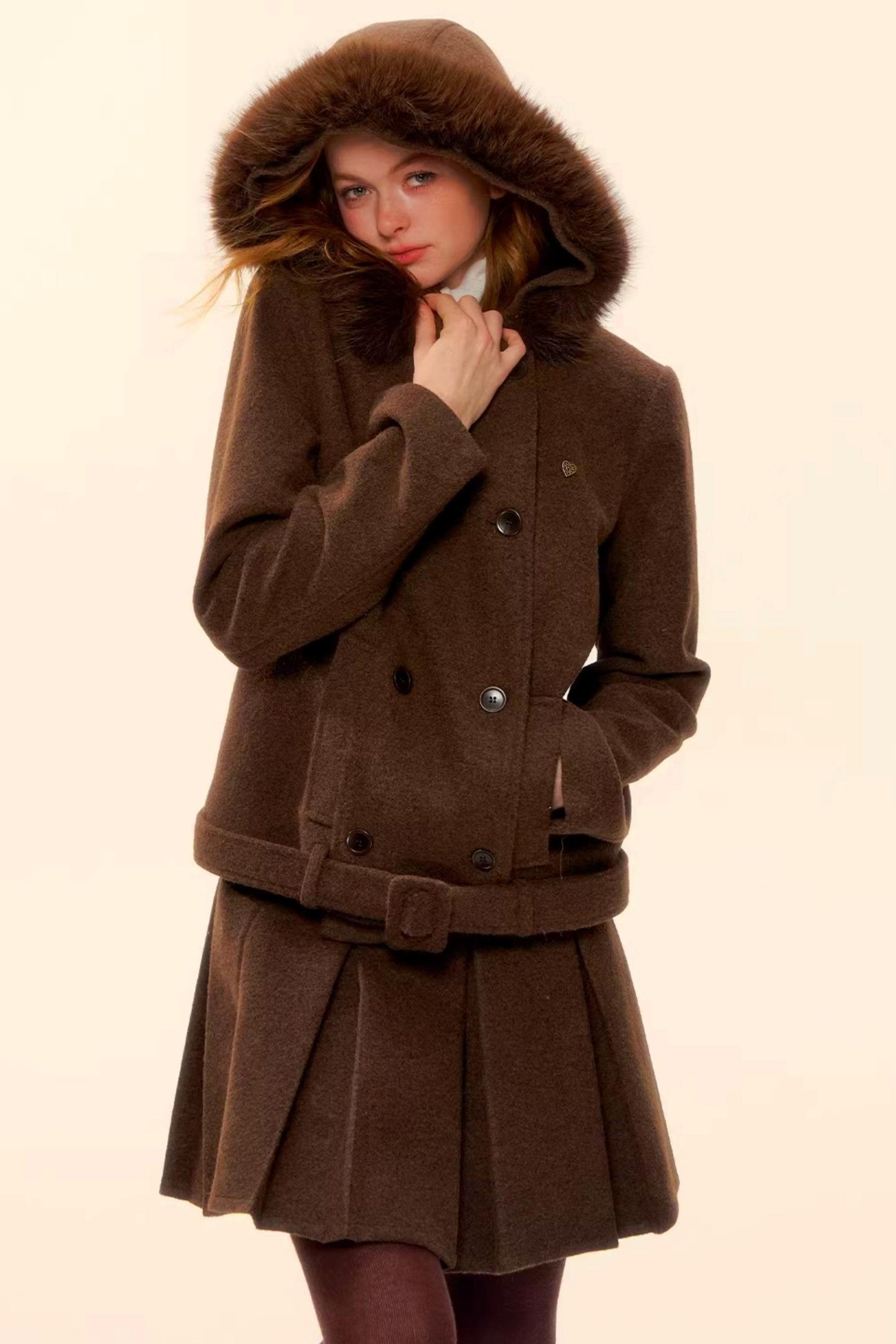 Retro Coffee Woolen Coat Skirt Set-Up
