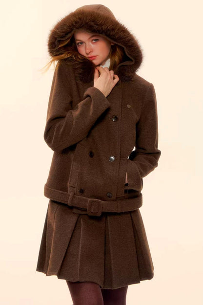 Retro Coffee Woolen Coat Skirt Set-Up