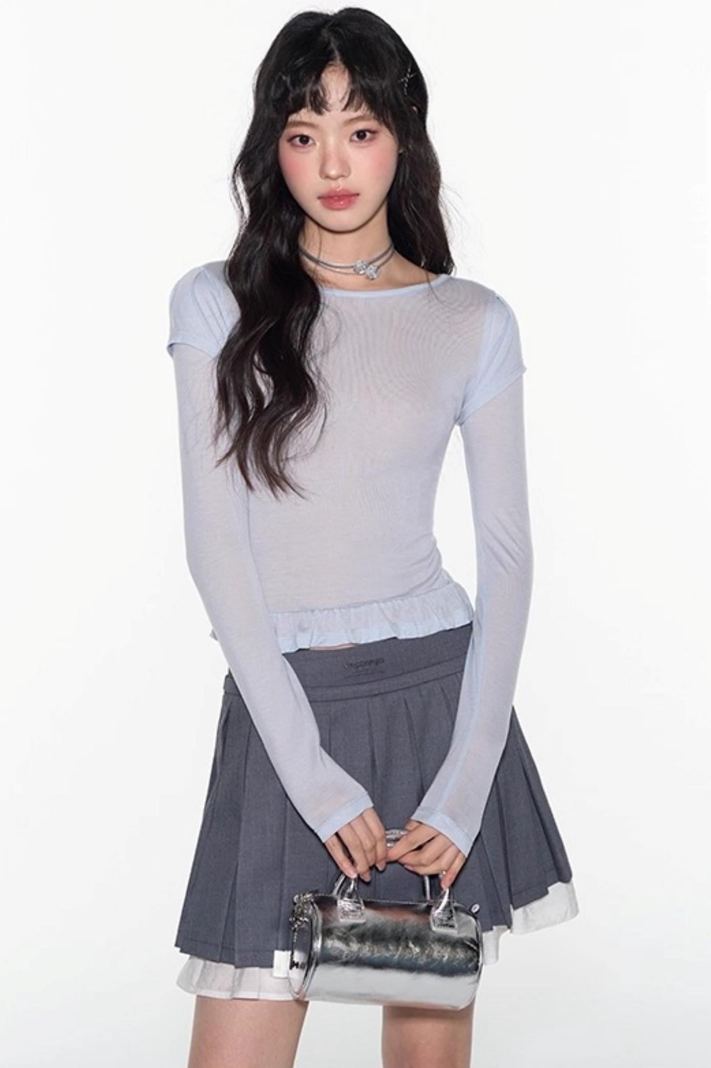 Ruffle Tencel Long-sleeved Top Set-Up