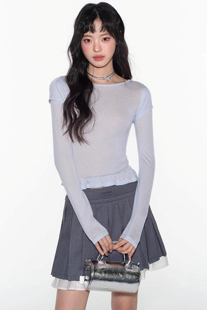 Ruffle Tencel Long-sleeved Top Set-Up