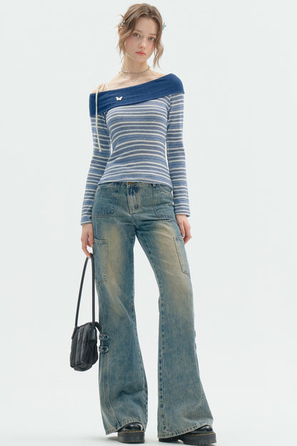 Dark Blue Stripe One-Shoulder Shirt