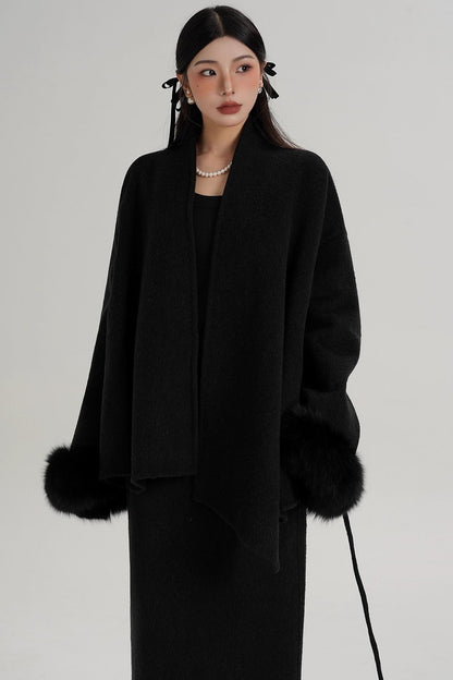 Elegant Fox Fur Sleeve Wool Coat