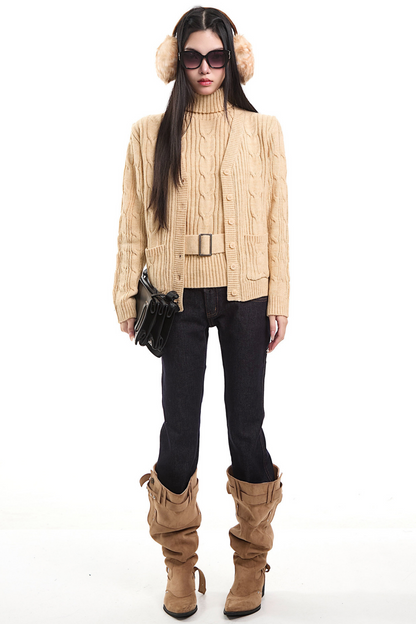 Retro Khaki Cable Knit Cardigan Set