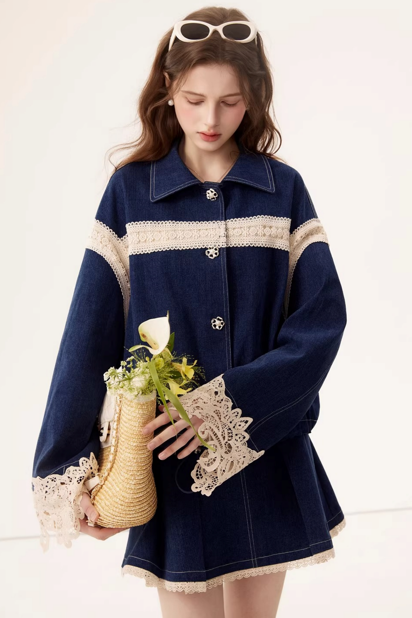 Retro Denim Lace Jacket Set