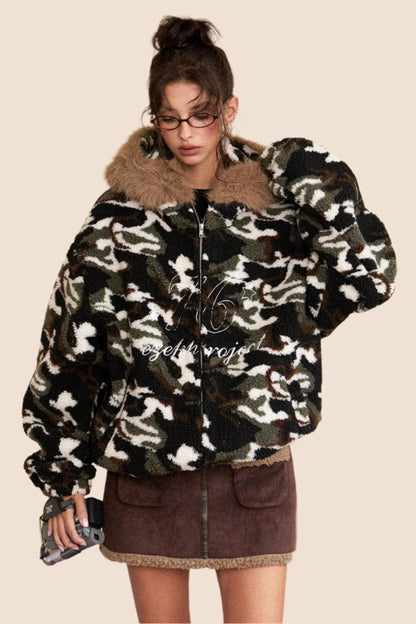 Retro Fur Collar Camouflage Wool Coat