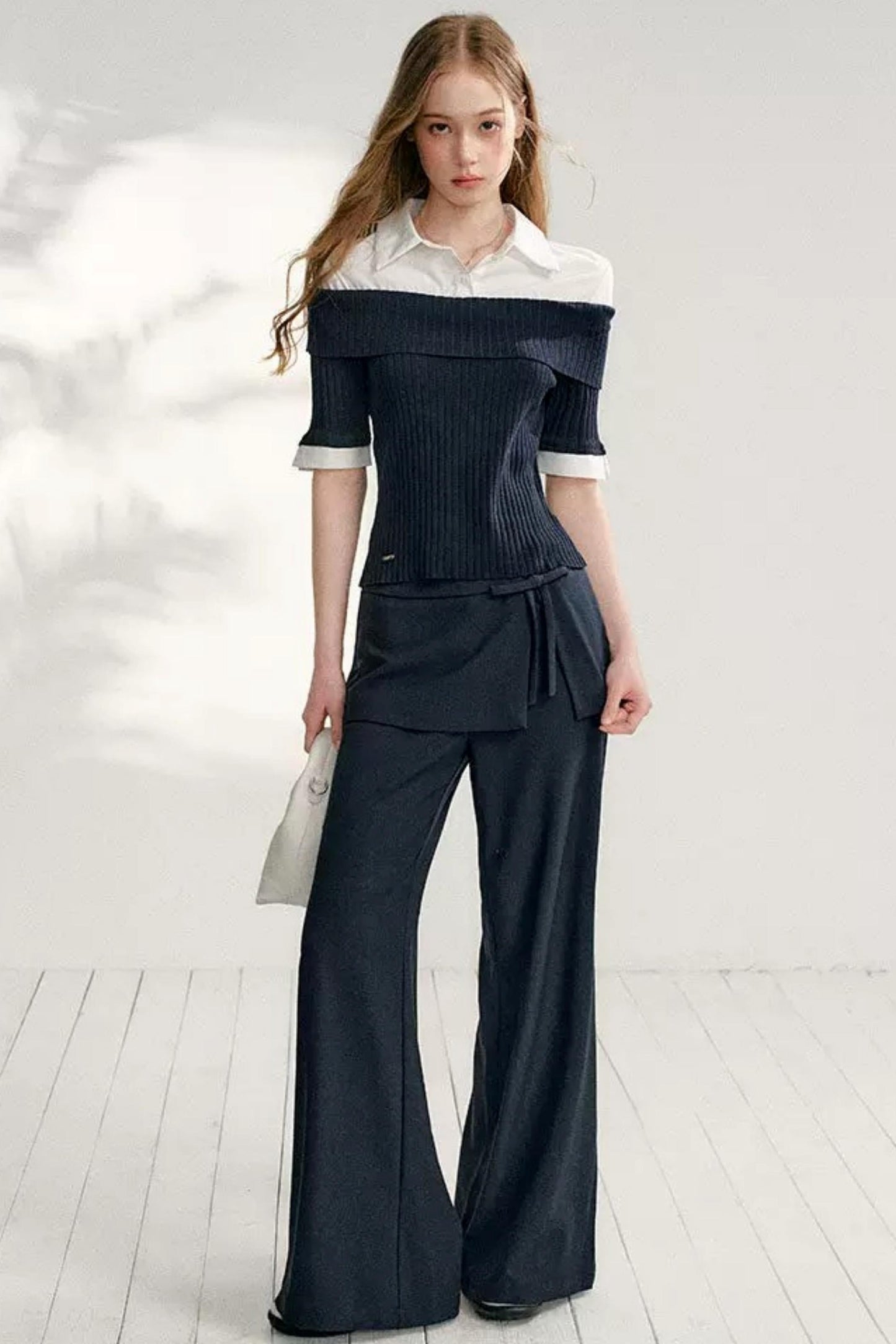 Color-Block Shirt Collar Knit Set-Up