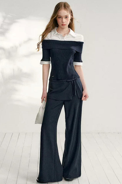 Color-Block Shirt Collar Knit Set-Up
