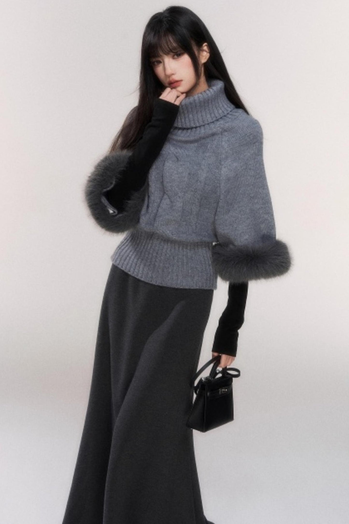 Gray Cable Knit Turtleneck Sweater