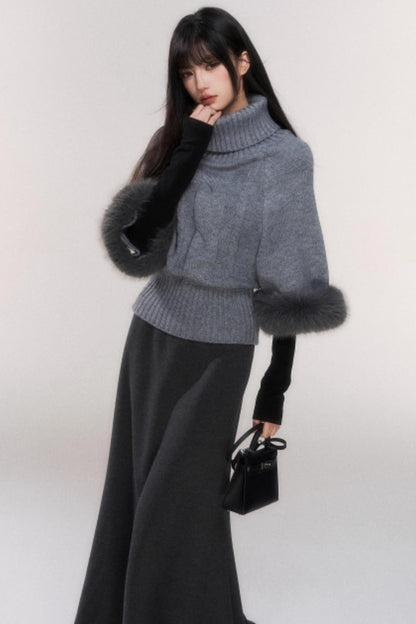 Gray Cable Knit Turtleneck Sweater