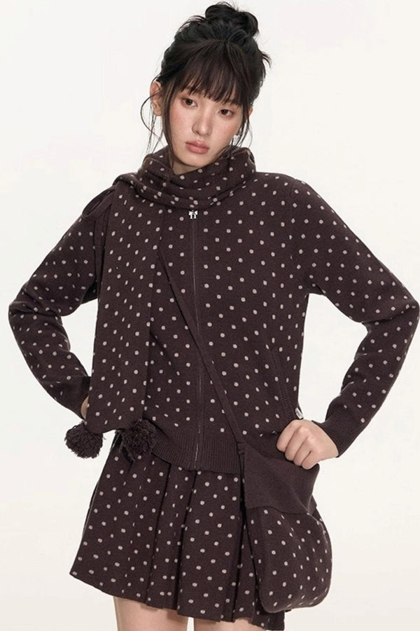 Polka Dot Hooded Knit Sweater Skirt Set-Up