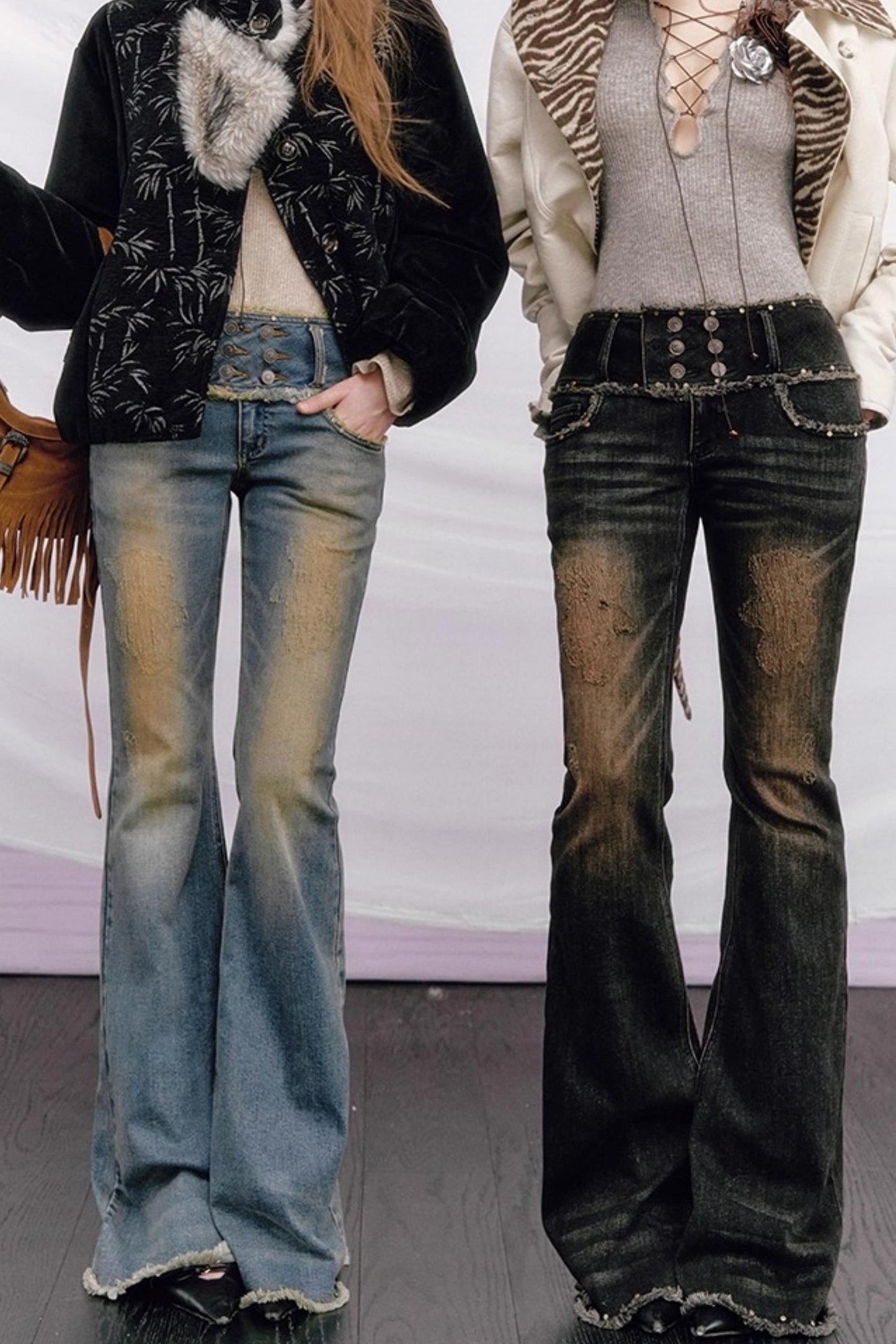 Vintage Distressed Denim Flared Pants