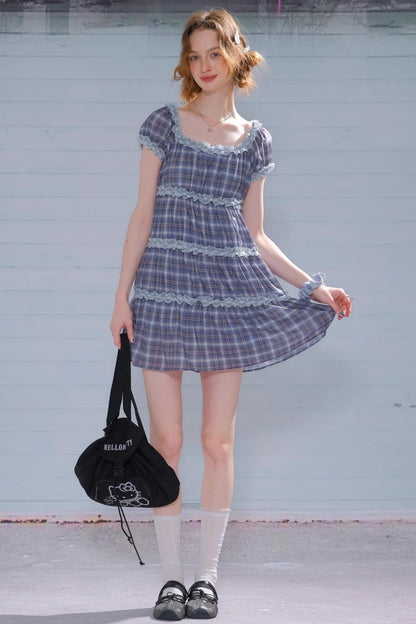 Purple Plaid Puff Sleeve Dress
