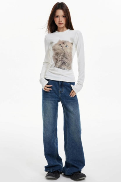 Cat Print Slim Knit Base Top