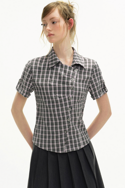 Diagonal Placket Plaid Blouse
