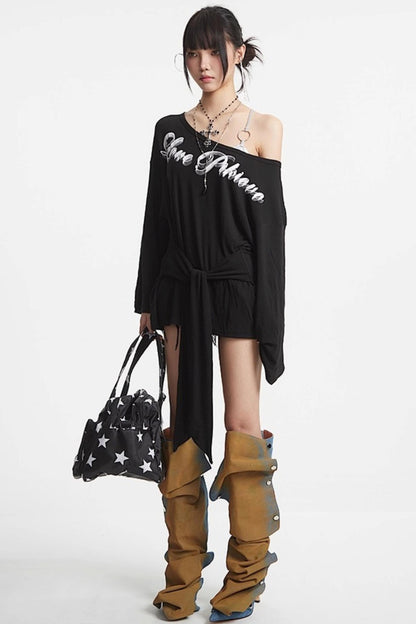 Shoulder Black White Long Sleeve Top