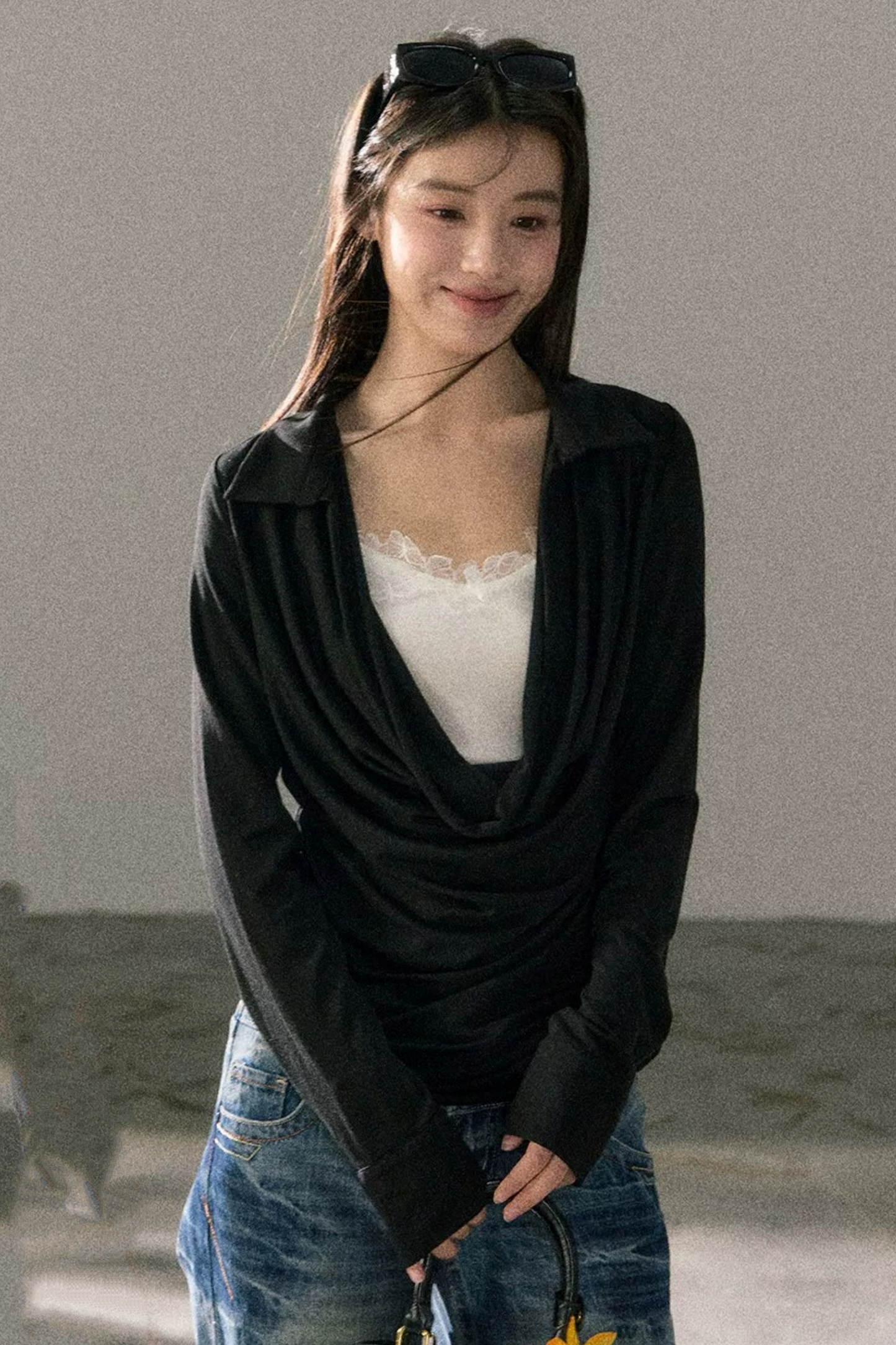 드레이프 칼라 레이스 탑 스커트 세트업