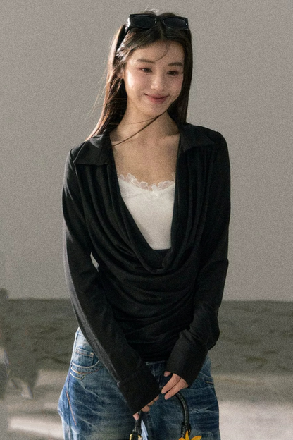 드레이프 칼라 레이스 탑 스커트 세트업