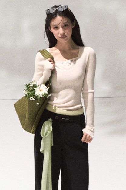 Skin Lace Wool Knit Sleeve Sweater Top