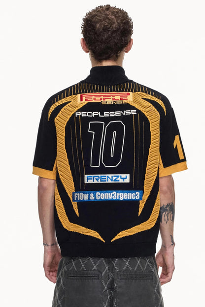 Yellow Black Mesh Knit Polo Top