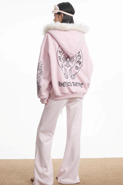 Printed Fur Collar Hooded Jacket