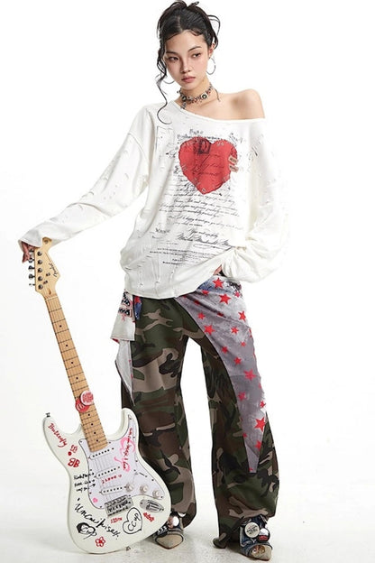 Vintage Love Print Slanted Shoulder T-Shirt