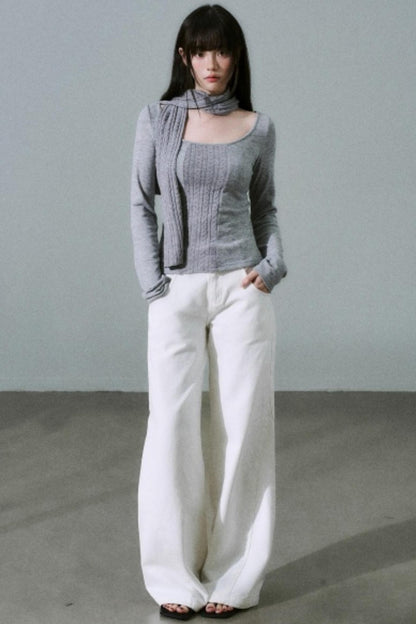 Crew Neck Patchwork Slim Sweater