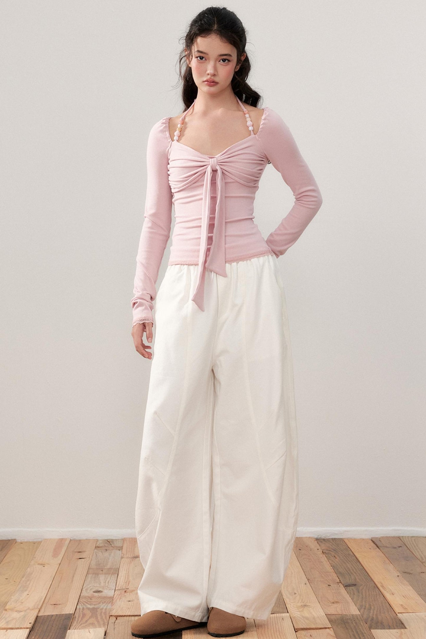 Pleated Bow Beaded Halterneck Top