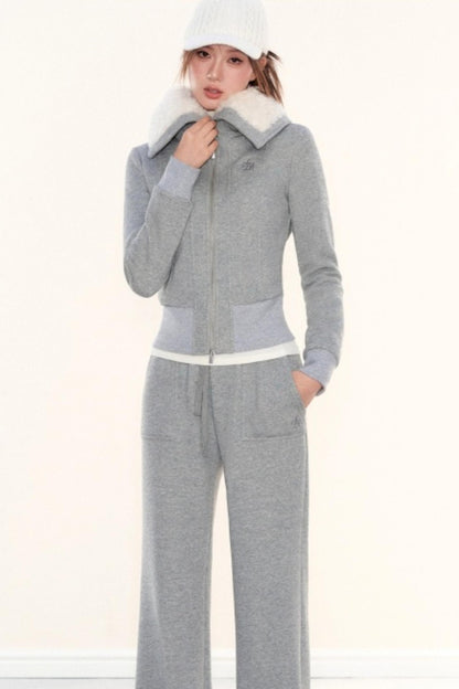 Lapel Fleece Slim Sweatshirt Jacket Set-Up