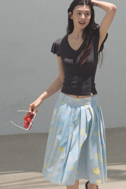 Running Waves Cotton Poplin Pleated Midi Skirt