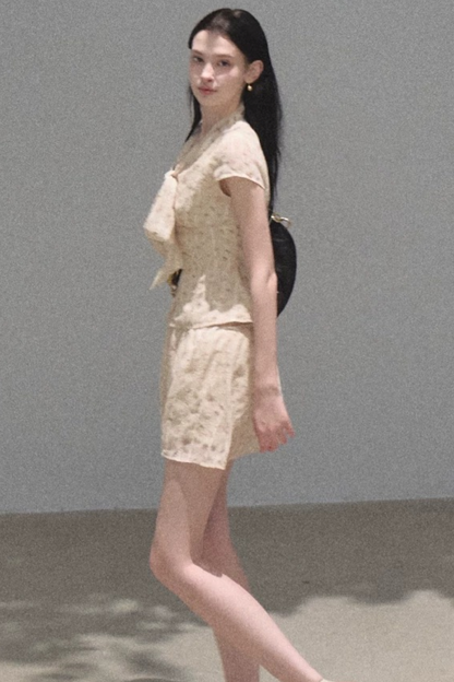 Floral Waist-Cinching Slim-Fit Short-Sleeved Top Skirt Set