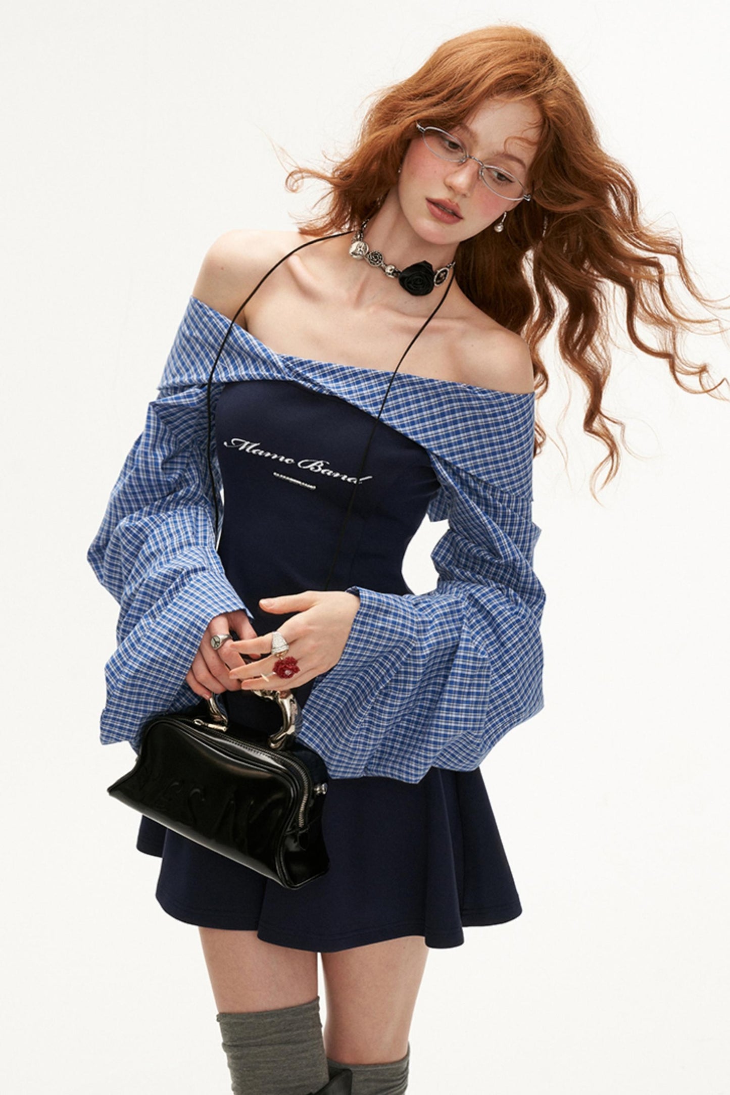 MAMC Stitched Shirt Balloon Sleeve Straight Shoulder Dress Women's Autumn New High Grade Temperament Long Sleeve Sexy Skirt